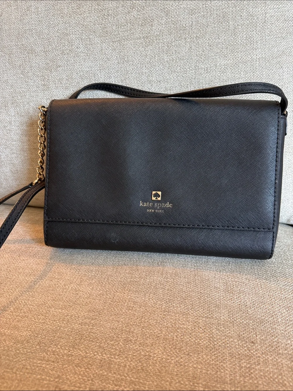 kate spade black leather crossbody with gold hardware